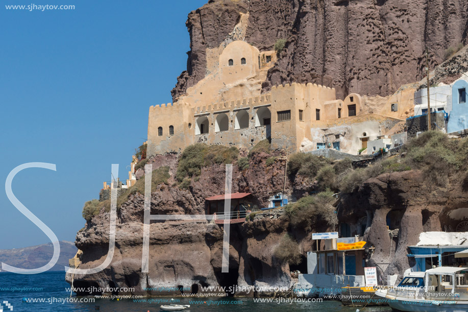 SANTORINI, GREECE - MAY 6, 2013: Panoramic view of port of Santorini island, Thira, Cyclades, Greece