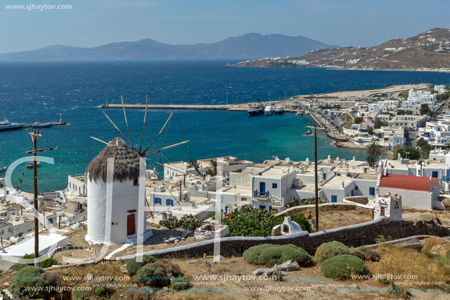 MYKONOS, GREECE - MAY 1, 2013: Amazing view of White windmills on the island of Mykonos, Cyclades, Greece