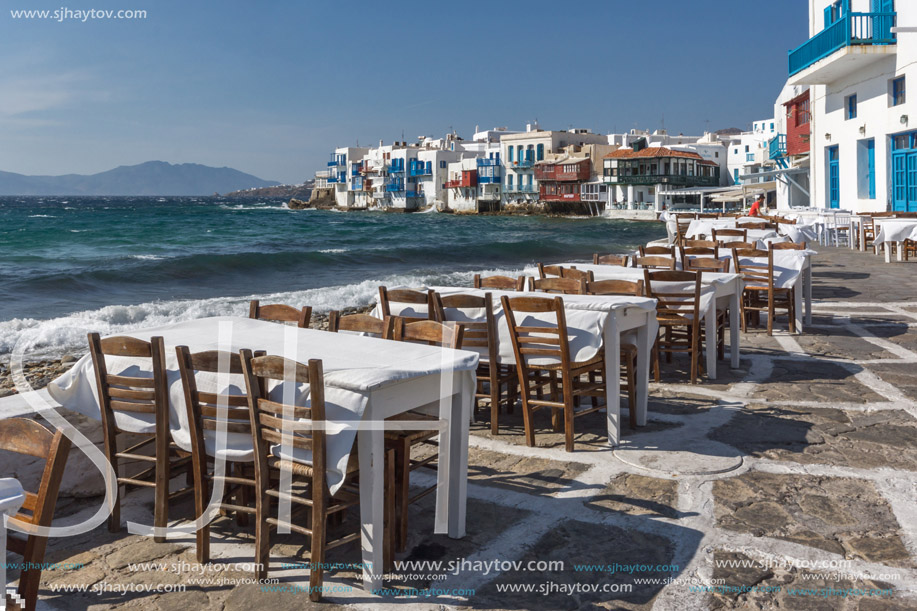 MYKONOS, GREECE - MAY 1, 2013: White houses in Little Venice at Mykonos, Cyclades Islands, Greece