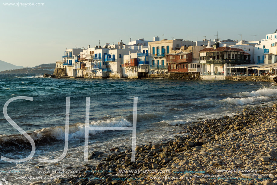 MYKONOS, GREECE - MAY 1, 2013: White houses in Little Venice at Mykonos, Cyclades Islands, Greece