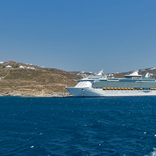 MYKONOS, GREECE - MAY 2, 2013 : Panorama of the coastline of island of Mykonos, Cyclades, Greece