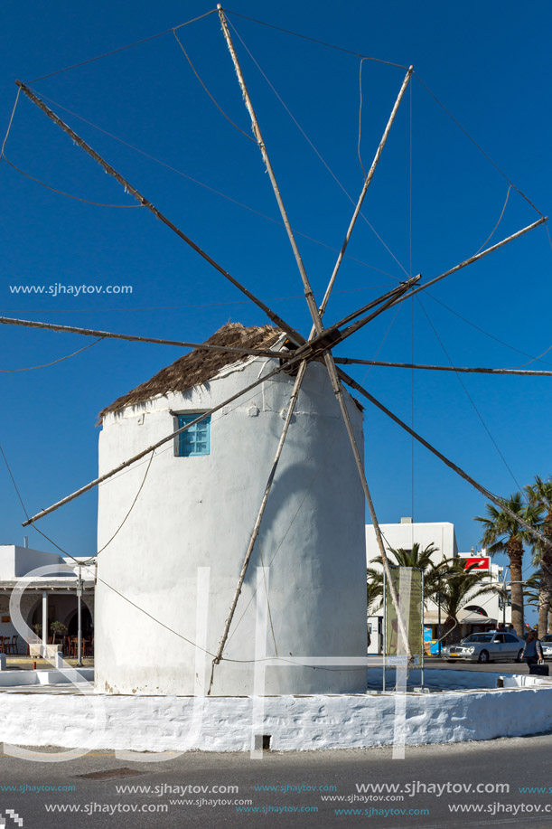 NAXOS, GREECE - MAY 4, 2013: White windmill at Naxos Island, Cyclades, Greece