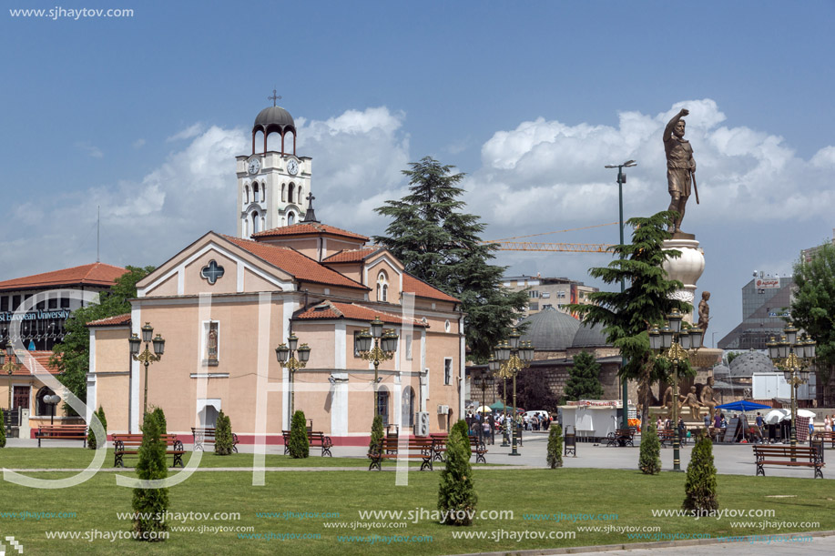 SKOPJE, REPUBLIC OF MACEDONIA - 13 MAY 2017: Orthodox Church of Church St. Demetrius and Philip II of Macedon Monument in Skopje, Republic of Macedonia