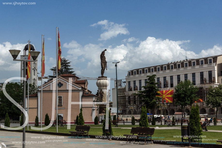 SKOPJE, REPUBLIC OF MACEDONIA - 13 MAY 2017: Orthodox Church of Church St. Demetrius and Philip II of Macedon Monument in Skopje, Republic of Macedonia