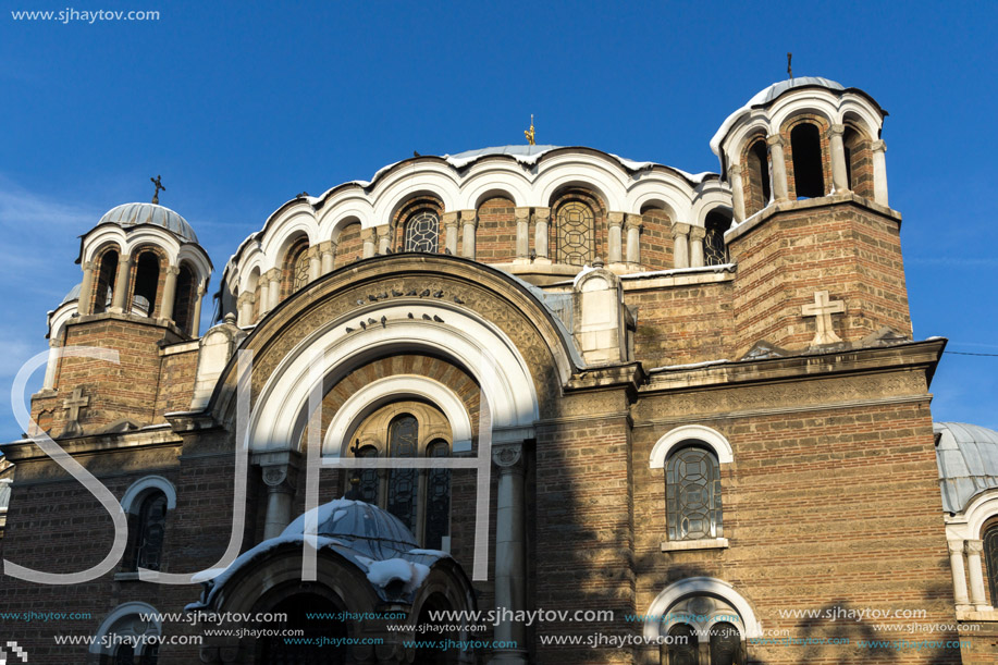 SOFIA, BULGARIA - NOVEMBER 29, 2017:  Sunset view of Church Sveti Sedmochislenitsi  in city of Sofia, Bulgaria