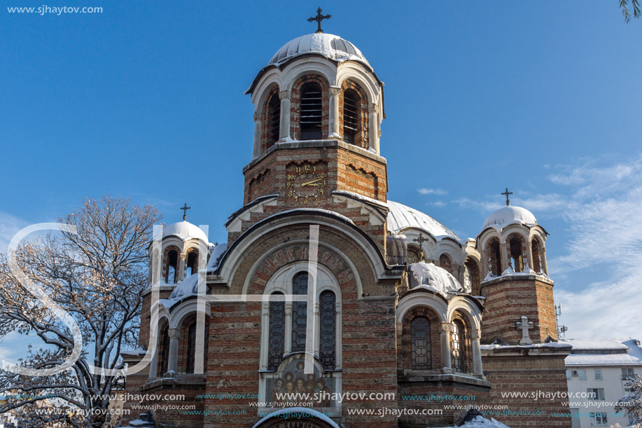 SOFIA, BULGARIA - NOVEMBER 29, 2017:  Sunset view of Church Sveti Sedmochislenitsi  in city of Sofia, Bulgaria