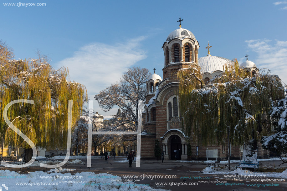 SOFIA, BULGARIA - NOVEMBER 29, 2017:  Sunset view of Church Sveti Sedmochislenitsi  in city of Sofia, Bulgaria