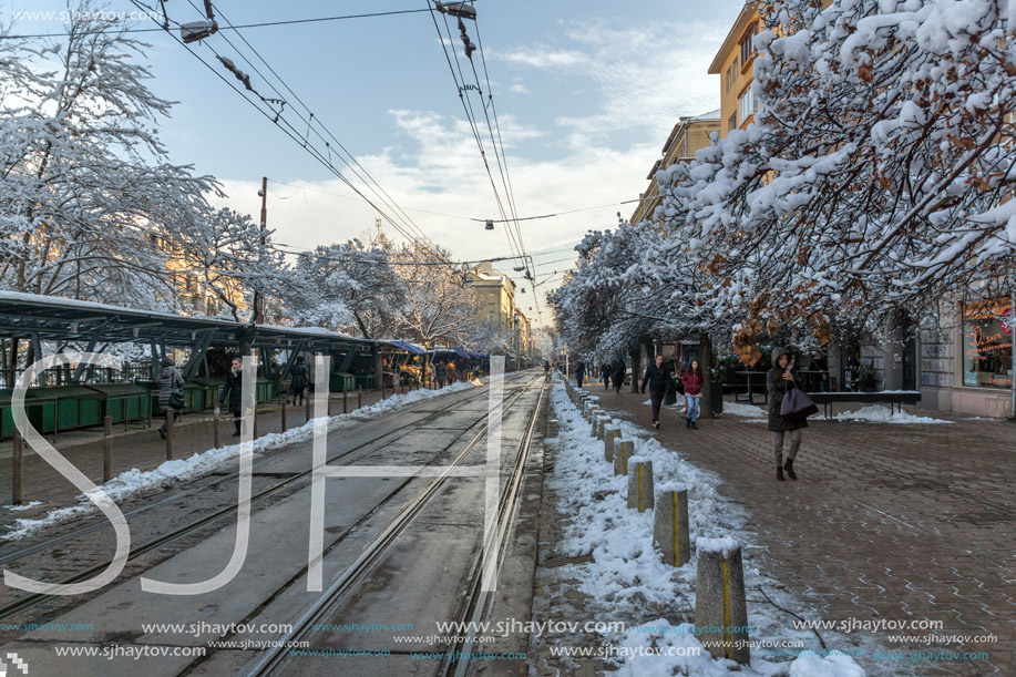 SOFIA, BULGARIA - NOVEMBER 29, 2017: Walking People at Graf Ignatiev street in Sofia, Bulgaria