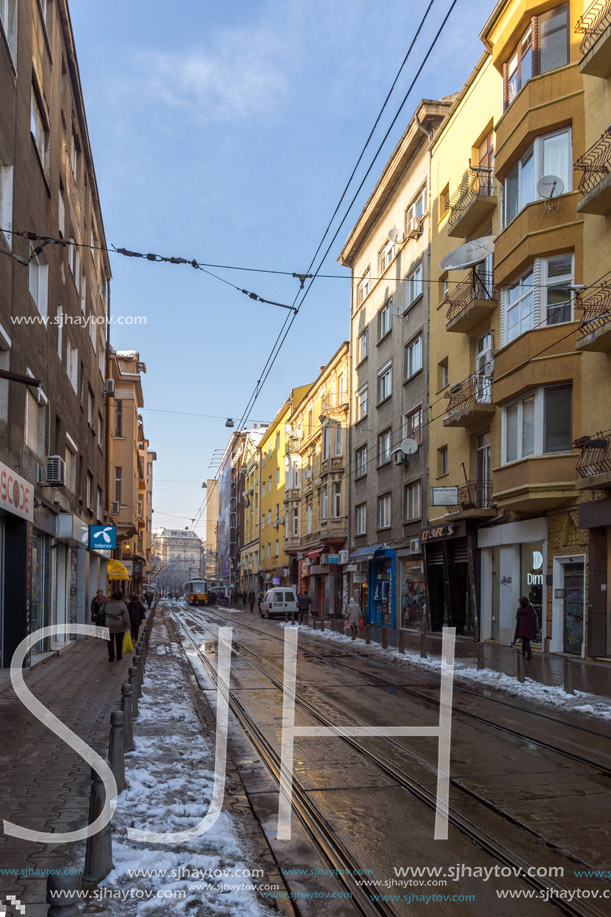 SOFIA, BULGARIA - NOVEMBER 29, 2017: Walking People at Graf Ignatiev street in Sofia, Bulgaria