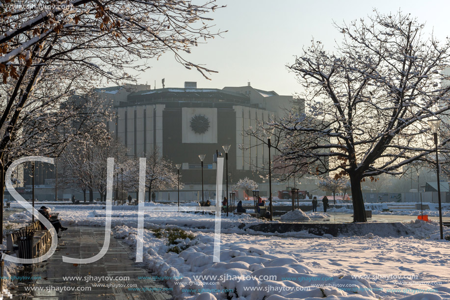 SOFIA, BULGARIA - NOVEMBER 29, 2017:  Winter view of National Palace of Culture in Sofia, Bulgaria