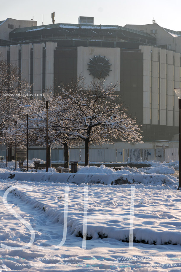 SOFIA, BULGARIA - NOVEMBER 29, 2017:  Winter view of National Palace of Culture in Sofia, Bulgaria
