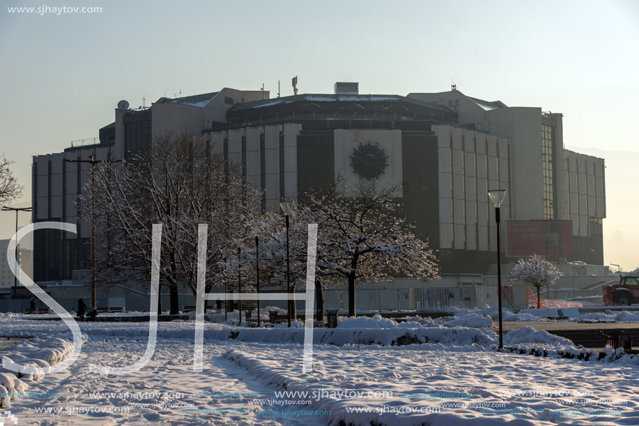 SOFIA, BULGARIA - NOVEMBER 29, 2017:  Winter view of National Palace of Culture in Sofia, Bulgaria