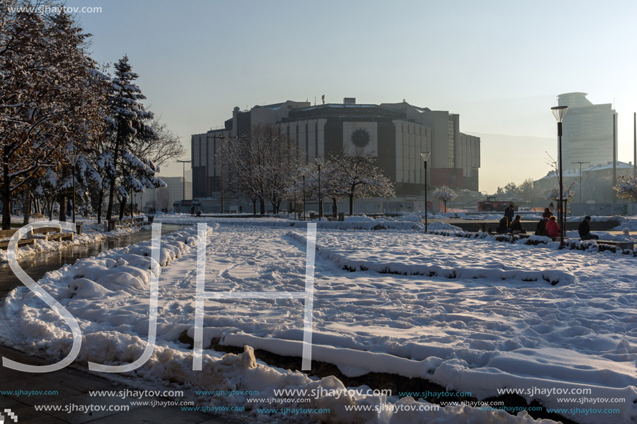 SOFIA, BULGARIA - NOVEMBER 29, 2017:  Winter view of National Palace of Culture in Sofia, Bulgaria