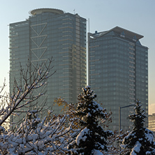 SOFIA, BULGARIA - NOVEMBER 29, 2017:  Sunset view of Business Buildings in city of Sofia, Bulgaria