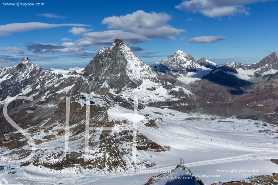 Winter panorama of mount Matterhorn covered with clouds, Canton of Valais, Alps, Switzerland