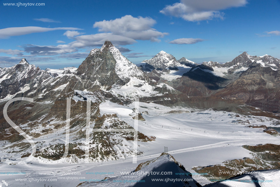 Winter panorama of mount Matterhorn covered with clouds, Canton of Valais, Alps, Switzerland