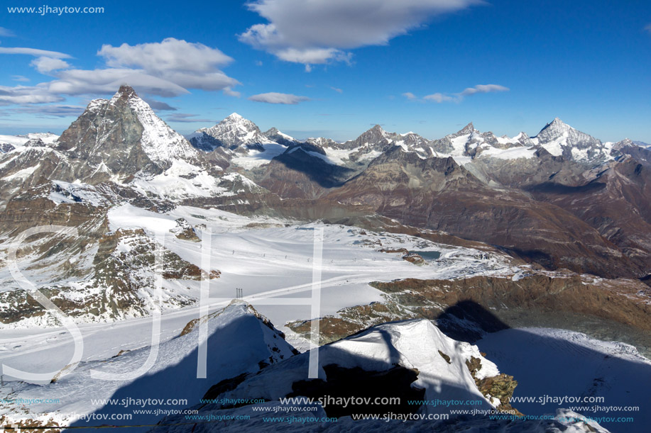 Winter panorama of mount Matterhorn covered with clouds, Canton of Valais, Alps, Switzerland