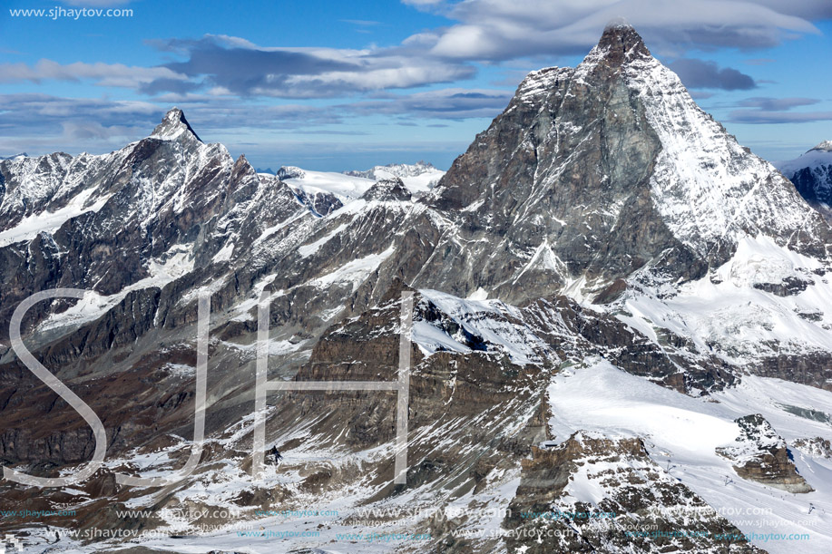 Winter panorama of mount Matterhorn covered with clouds, Canton of Valais, Alps, Switzerland