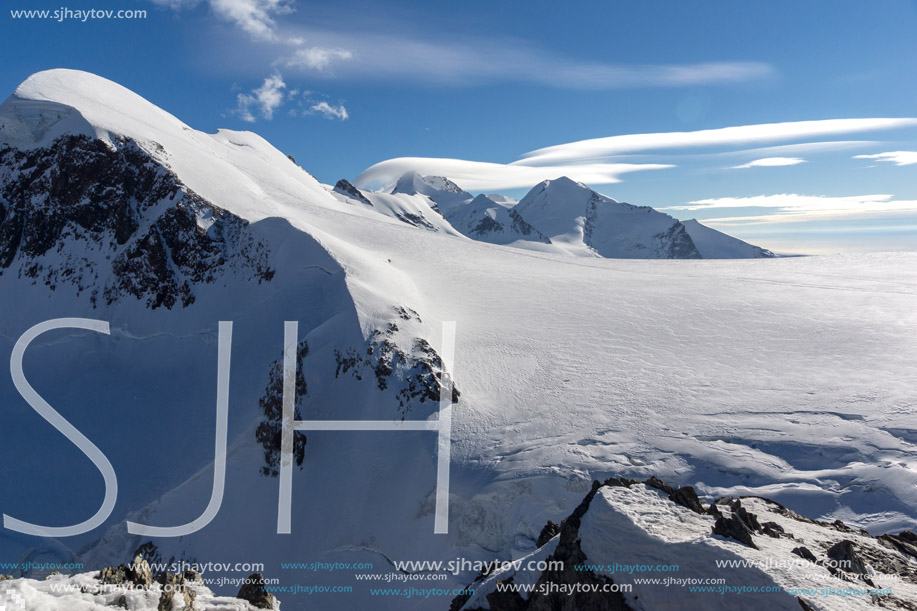 Winter Landscape of swiss Alps and mount Breithorn, Canton of Valais, Switzerland