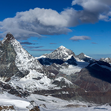 Winter panorama of mount Matterhorn covered with clouds, Canton of Valais, Alps, Switzerland