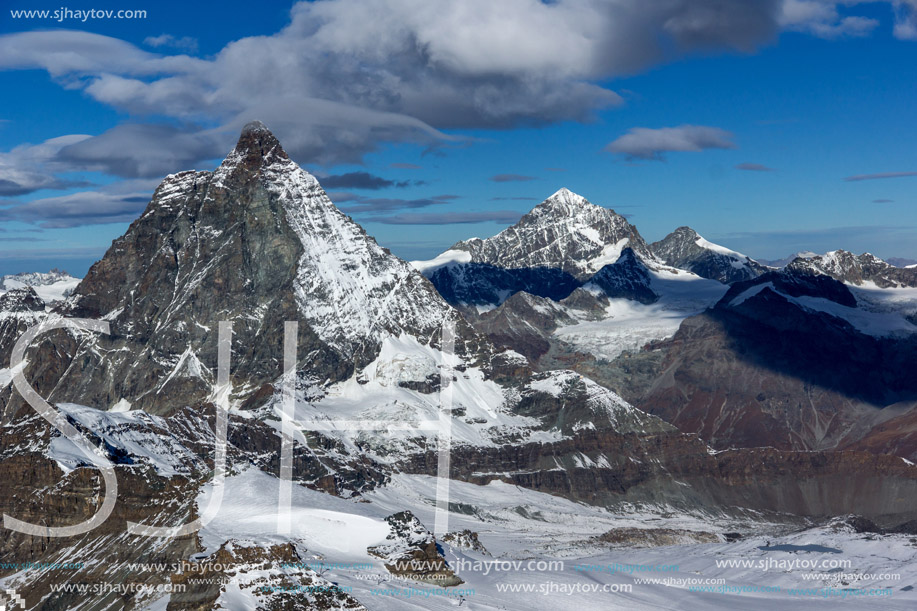 Winter panorama of mount Matterhorn covered with clouds, Canton of Valais, Alps, Switzerland