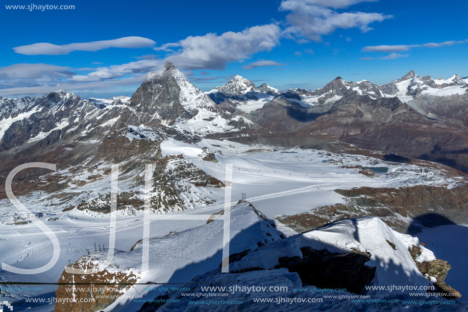 Winter panorama of mount Matterhorn covered with clouds, Canton of Valais, Alps, Switzerland