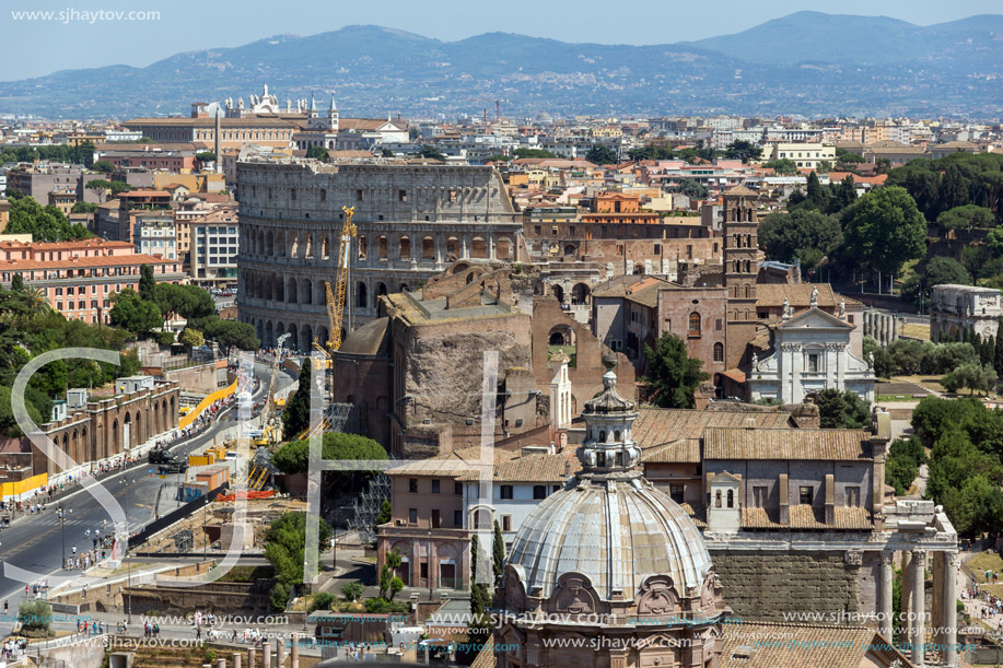 ROME, ITALY - JUNE 23, 2017:  Panoramic view of City of Rome from the roof of  Altar of the Fatherland, Italy