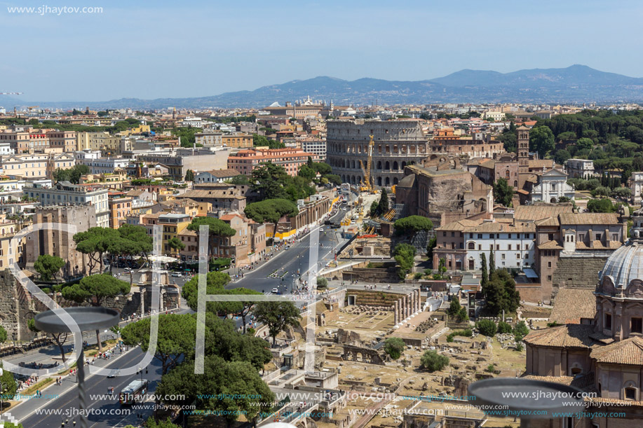 ROME, ITALY - JUNE 23, 2017:  Panoramic view of City of Rome from the roof of  Altar of the Fatherland, Italy