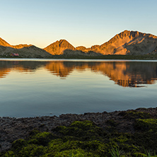 Sunset landscape with Kamenitsa peak and Tevno lake, Pirin Mountain, Bulgaria