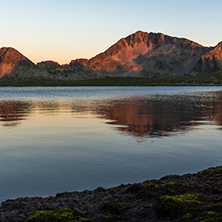 Sunset landscape with Kamenitsa peak and Tevno lake, Pirin Mountain, Bulgaria