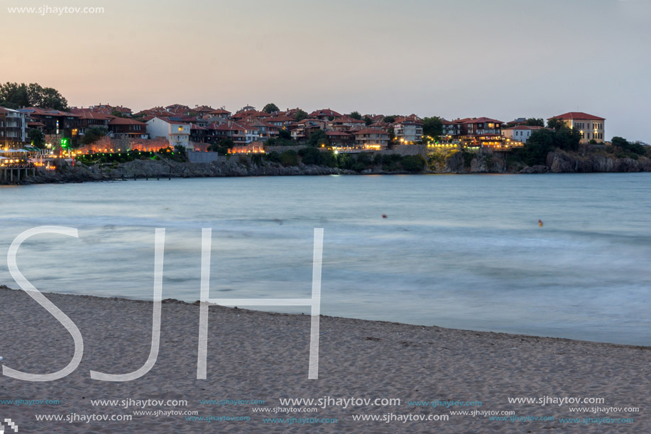 SOZOPOL, BULGARIA - JULY 10, 2016: Night photo of old town and beach of of Sozopol town, Burgas Region, Bulgaria