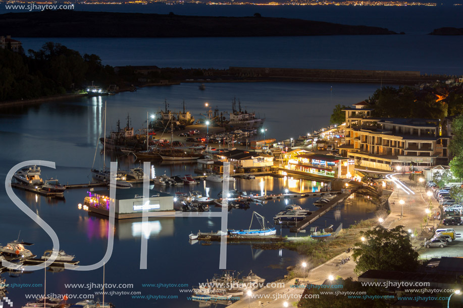 SOZOPOL, BULGARIA - JULY 10, 2016: Night Panoramic view of the port of Sozopol, Burgas Region, Bulgaria