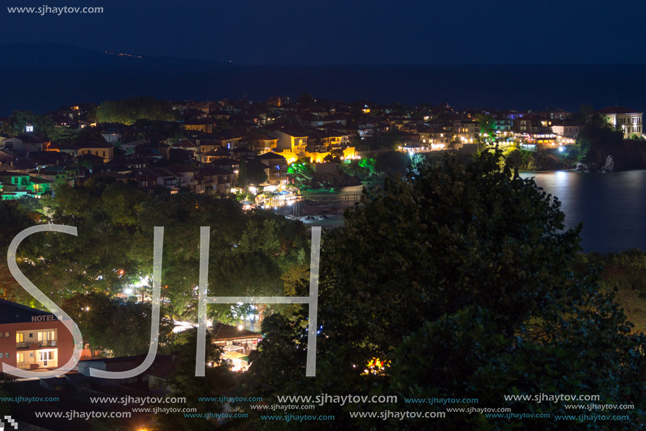 SOZOPOL, BULGARIA - JULY 10, 2016: Night Panoramic view of the port of Sozopol, Burgas Region, Bulgaria