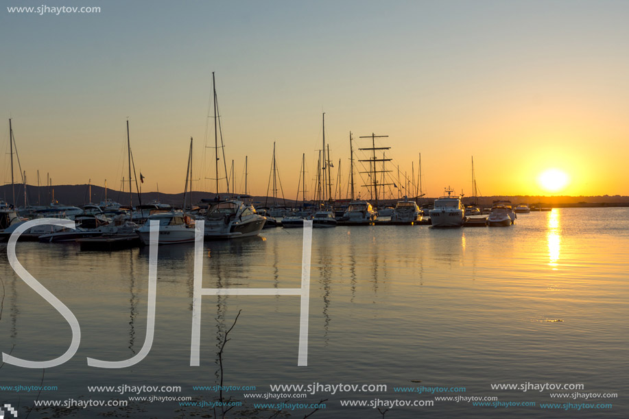 SOZOPOL, BULGARIA - JULY 11, 2016: Amazing Sunset at the port of Sozopol, Burgas Region, Bulgaria