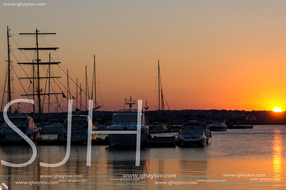 SOZOPOL, BULGARIA - JULY 11, 2016: Amazing Sunset at the port of Sozopol, Burgas Region, Bulgaria