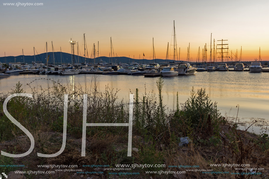 SOZOPOL, BULGARIA - JULY 11, 2016: Amazing Sunset at the port of Sozopol, Burgas Region, Bulgaria