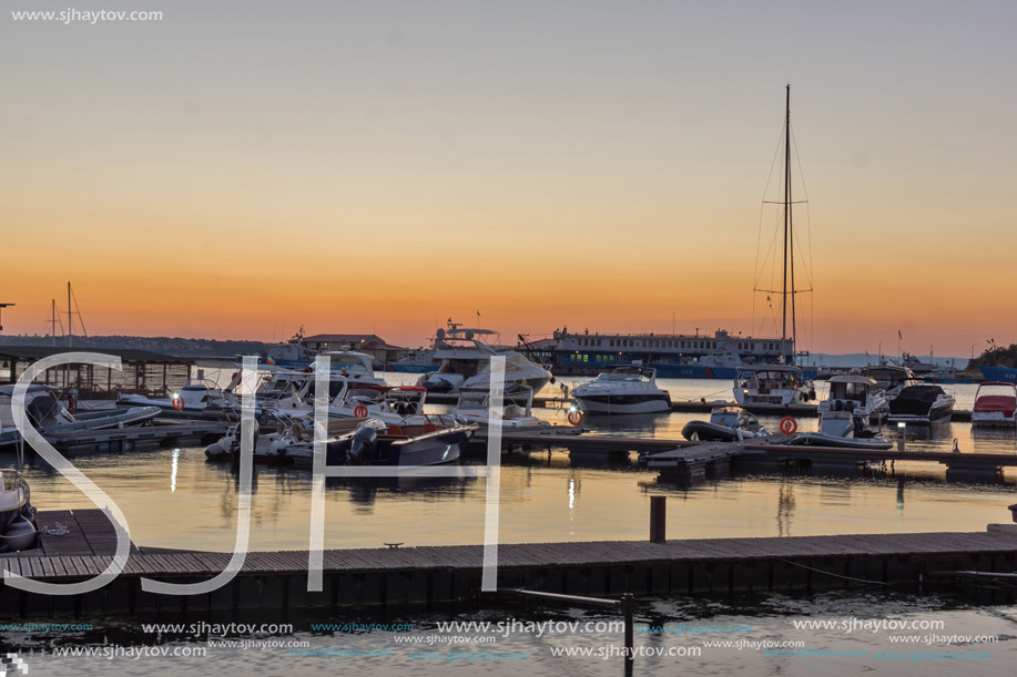 SOZOPOL, BULGARIA - JULY 11, 2016: Amazing Sunset at the port of Sozopol, Burgas Region, Bulgaria