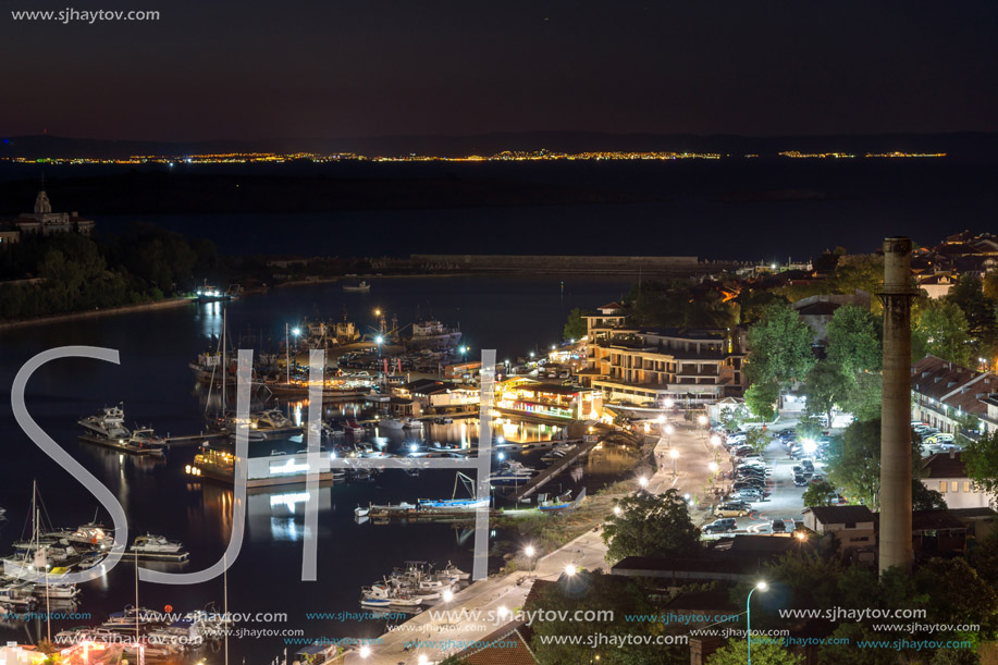 SOZOPOL, BULGARIA - JULY 11, 2016: Night Panoramic view of the port of Sozopol, Burgas Region, Bulgaria