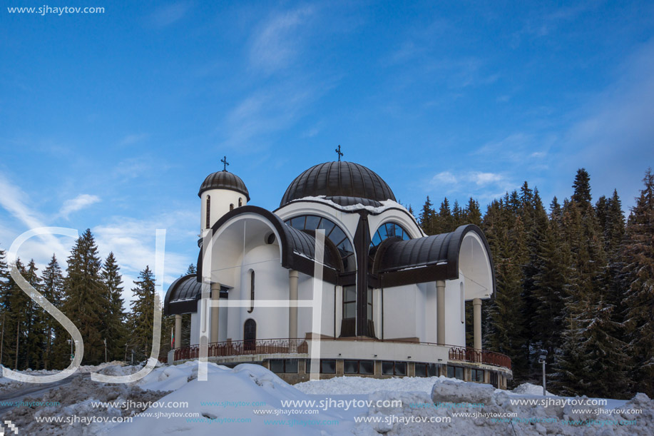 PAMPOROVO, BULGARIA - JANUARY 20, 2013: Church of Assumption of the Most Holy Mother in Ski resort Pamporovo in Rhodope, Mountains, Smolyan Region, Bulgaria