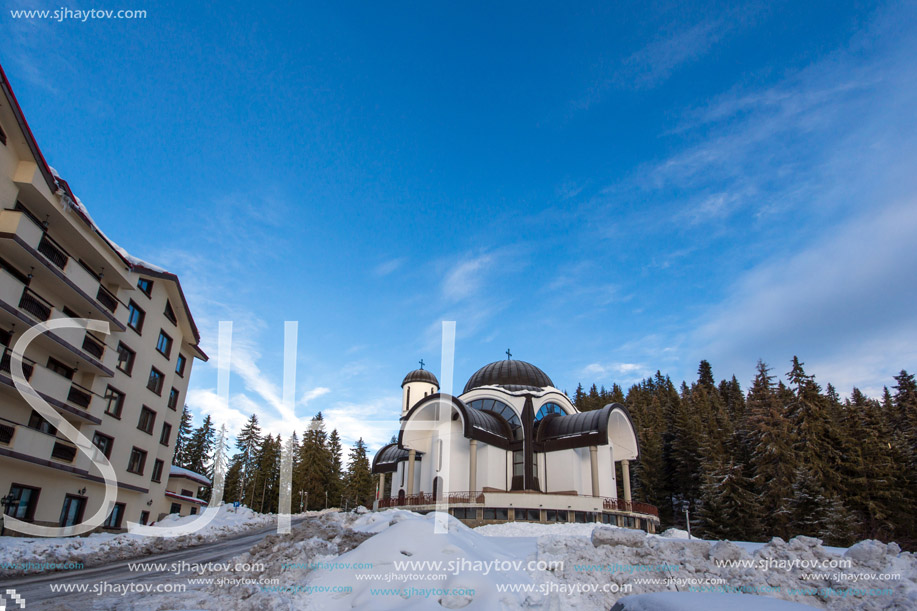 PAMPOROVO, BULGARIA - JANUARY 20, 2013: Church of Assumption of the Most Holy Mother in Ski resort Pamporovo in Rhodope, Mountains, Smolyan Region, Bulgaria