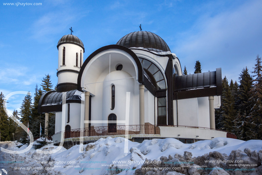 PAMPOROVO, BULGARIA - JANUARY 20, 2013: Church of Assumption of the Most Holy Mother in Ski resort Pamporovo in Rhodope, Mountains, Smolyan Region, Bulgaria