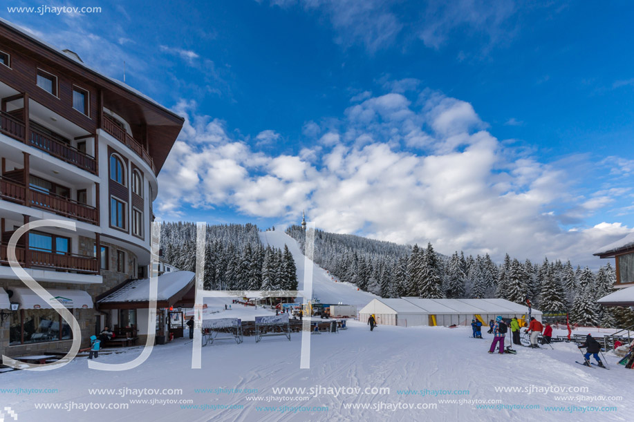 PAMPOROVO, BULGARIA - JANUARY 20, 2013: Snezhanka peak and Ski resort Pamporovo in Rhodope Mountains, Smolyan Region, Bulgaria