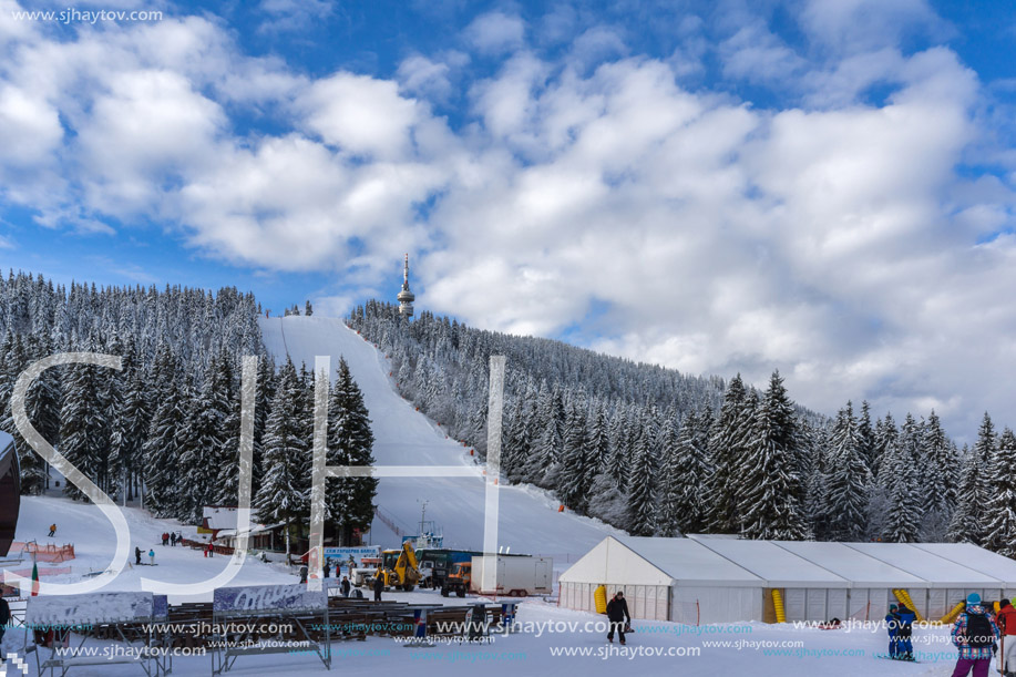 PAMPOROVO, BULGARIA - JANUARY 20, 2013: Snezhanka peak and Ski resort Pamporovo in Rhodope Mountains, Smolyan Region, Bulgaria