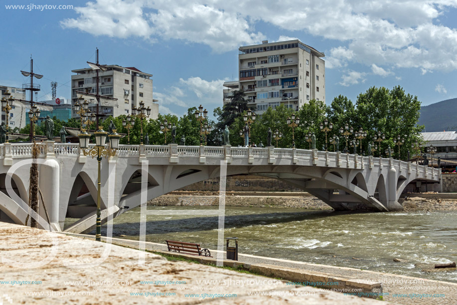 SKOPJE, REPUBLIC OF MACEDONIA - 13 MAY 2017: River Vardar passing through City of Skopje center, Republic of Macedonia
