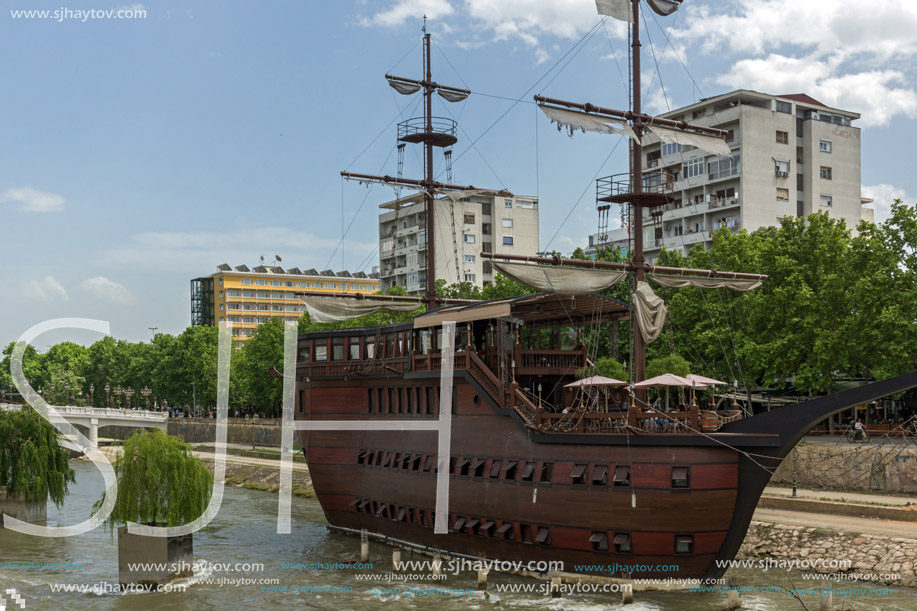 SKOPJE, REPUBLIC OF MACEDONIA - 13 MAY 2017: River Vardar passing through City of Skopje center, Republic of Macedonia