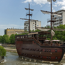 SKOPJE, REPUBLIC OF MACEDONIA - 13 MAY 2017: River Vardar passing through City of Skopje center, Republic of Macedonia