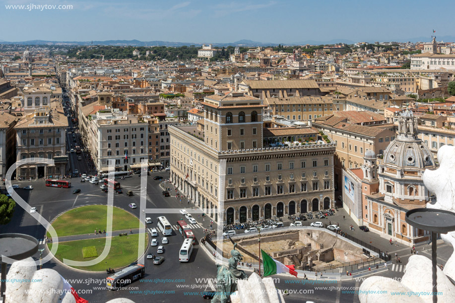 ROME, ITALY - JUNE 23, 2017:  Panoramic view of City of Rome from the roof of  Altar of the Fatherland, Italy