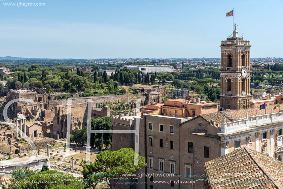 ROME, ITALY - JUNE 23, 2017:  Panoramic view of City of Rome from the roof of  Altar of the Fatherland, Italy