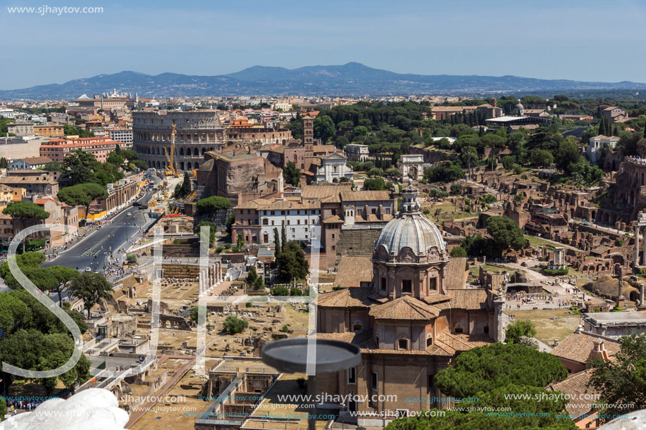 ROME, ITALY - JUNE 23, 2017:  Panoramic view of City of Rome from the roof of  Altar of the Fatherland, Italy