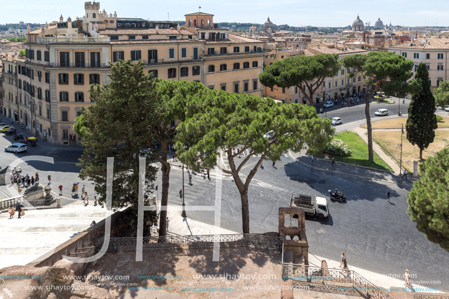 ROME, ITALY - JUNE 23, 2017:  Panoramic view of City of Rome from the roof of  Altar of the Fatherland, Italy